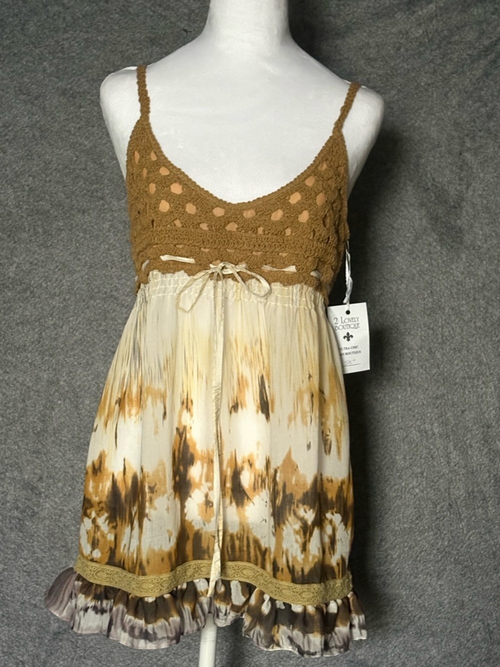 Unit crochet babydoll mini dress womens L boho chic earthy tie-dye FairyGrunge